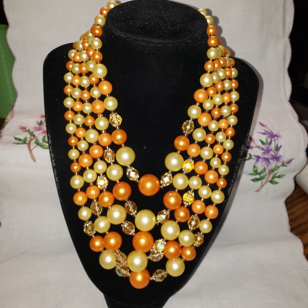 Vintage And Stunning Orange and Cream Faux Pearl Beaded Necklace 1960's JAPAN